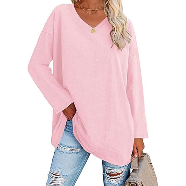 Camiseta De Manga Larga Para Mujer, Cuello En V, Cómoda, Color Sólido, Blusa Informal Para Mujer, Suave Y Elegante Para Uso Diario ANGGREK No