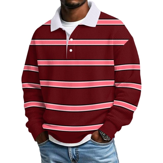 Ceisia Men's Vintage Waffle Knit Polo Sweater | Loose Drop-Shoulder Color Block Striped Long Sleeve Pullover Gifts