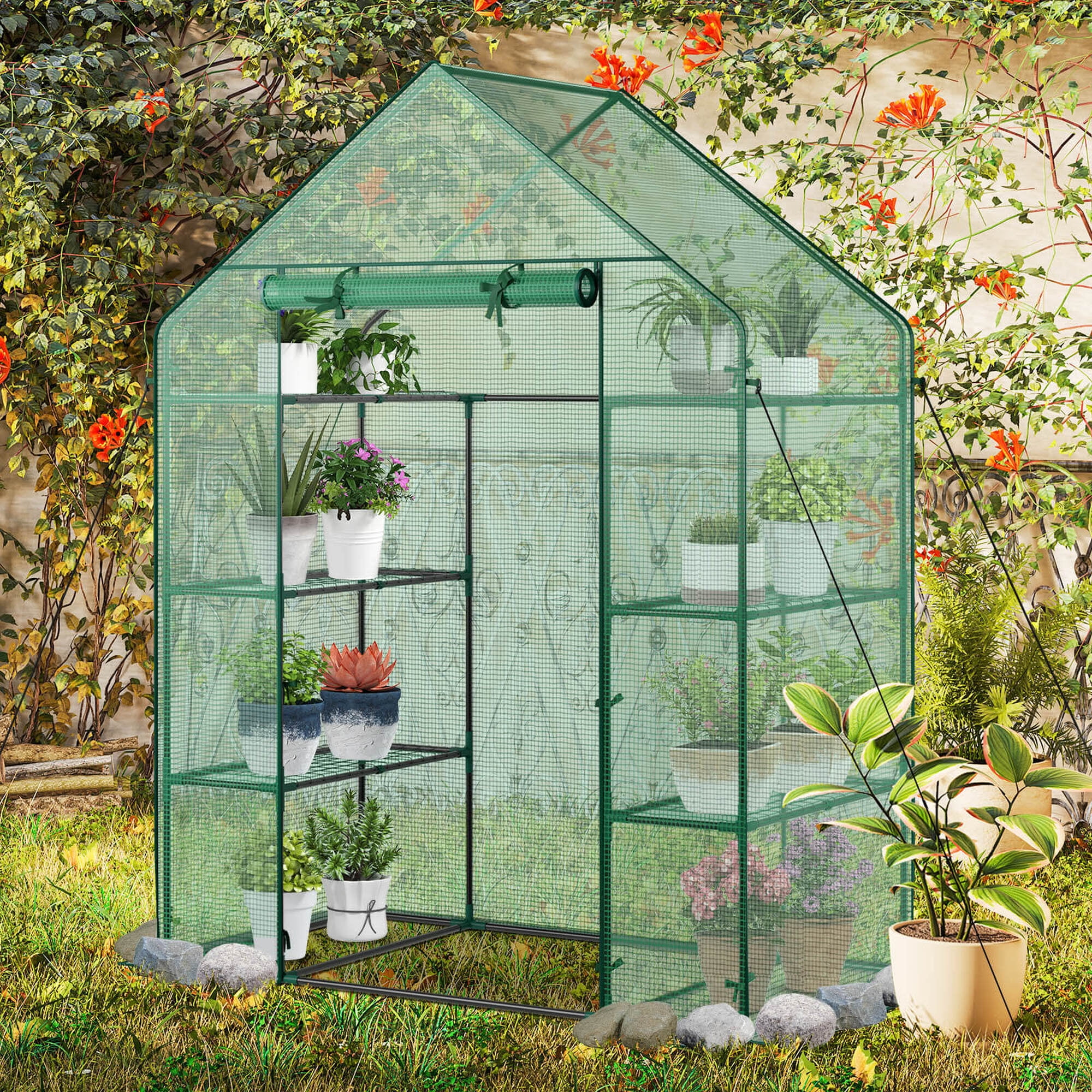 Costway Portable Mini Walk In Outdoor 4 Tier 8 Shelves Greenhouse
