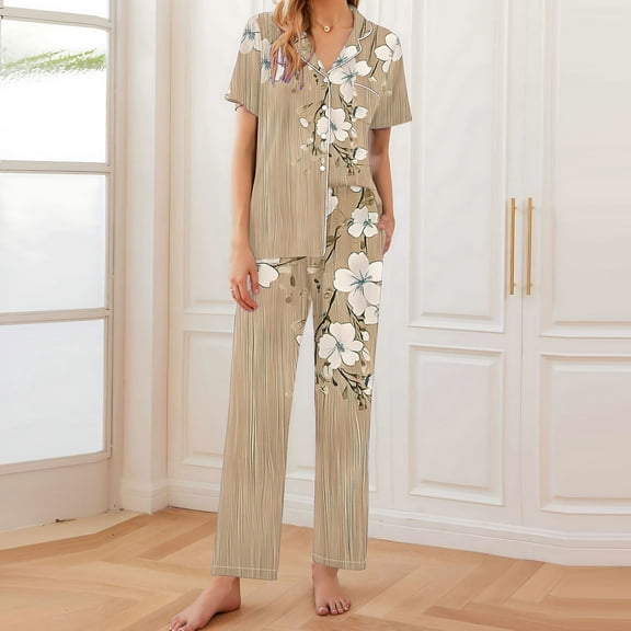Cavosen Pajama Sets for Women Short Sleeve 2 Piece Button down Soft Nightwear Collar Shirts Long Pants Sleepwear Floral Print Loungewear with Pocket Comfort Pjs Outfits Beige S