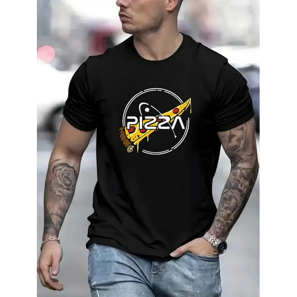 Men's Casual Crew Neck T-Shirt with Unique Pizza Print - Soft Polyester, Machine Washable Tee For Adult, Men, Women, Teen, Teenager, Adolescent, Youth