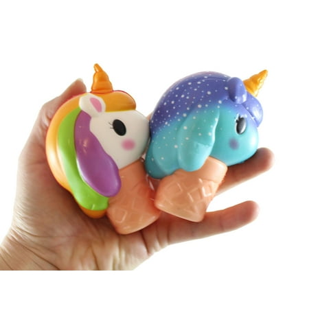 Set of 2 Unicorn Ice Cream Cone Girly Magical Theme Squishy Slow Rise Foam - Scented Sensory, Stress, Fidget Toy (Random Colors)