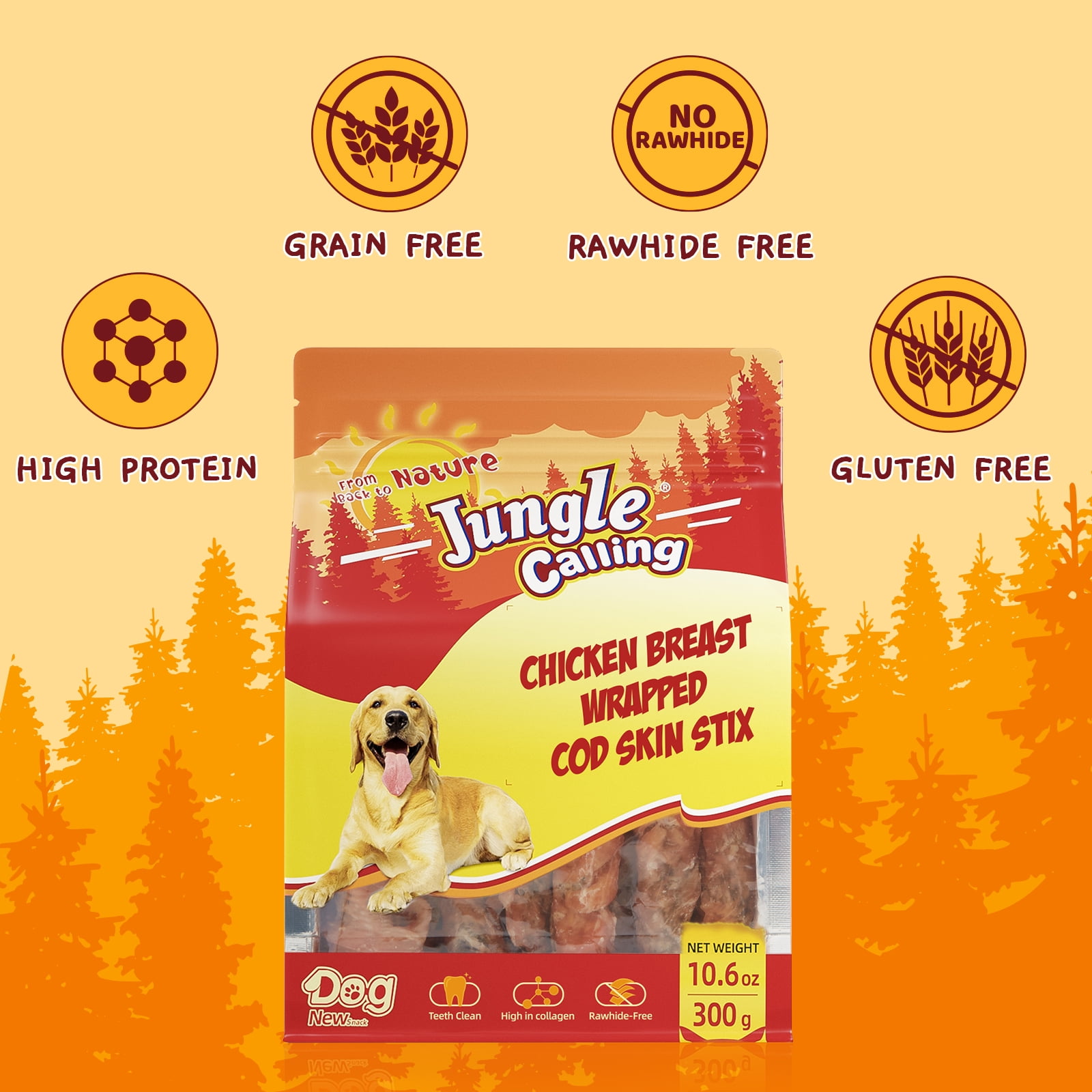 (4 pack) Jungle Calling Dog Treats, High Protein Dog Chewy Treats Healthy Teeth and Coat, Chicken Wrapped Cod Skin Sticks, Rawhide Free Cod Fish Skin Treats for Dogs, 10.6 oz