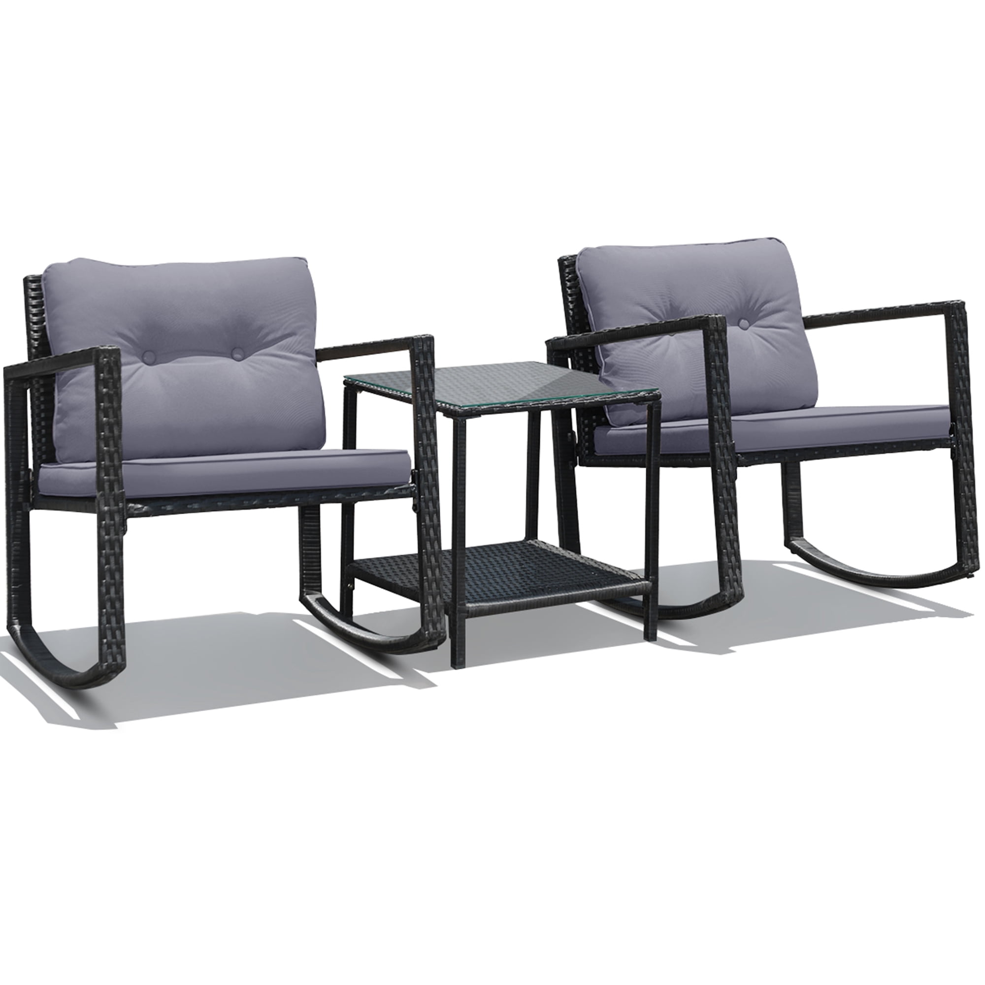 Gymax 3PCS Rattan Rocking Chair Table Set Patio Furniture Set w/ Grey Cushions