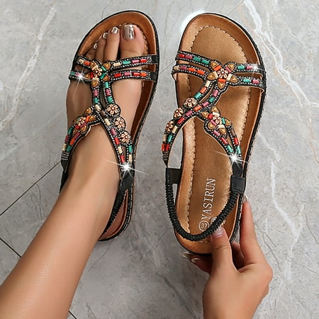 

ZHELIYO Women s sandals Sandals For Women Comfort With Elastic Ankle Strap Casual Bohemian Beach Shoes Fashion Rhinestone Beads Casual Shoes Open Toe Low Heels Sandals Black 6.5