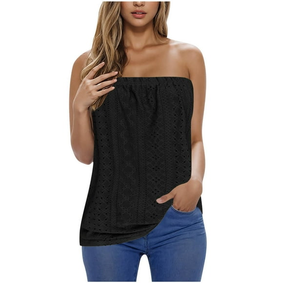 Diufon Strapless Bandeau Tank Tops Women Trendy Eyelet Embroidery Tube Tops Summer Sleeveless Backless Top