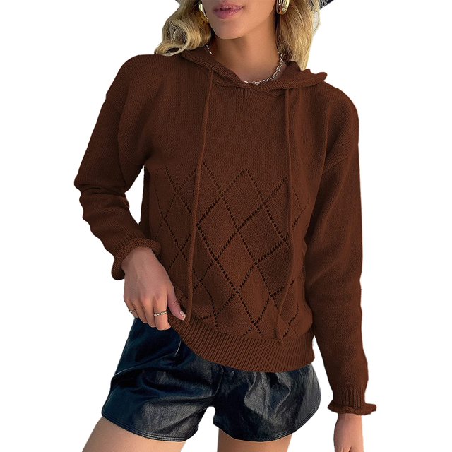 Pull à Capuche pour Femmes, Décontracté, Boutonné, Col en V, Manches Longues, Tricoté, Henley