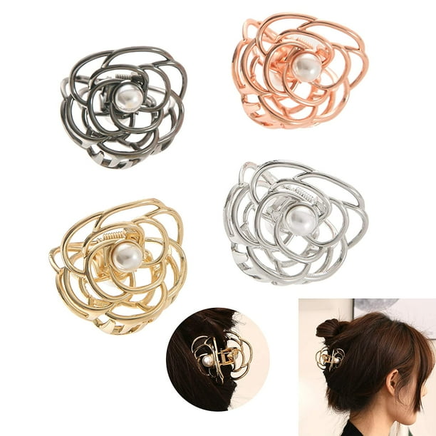 4 pinzas para el pelo con diseño de mini rosas para mujer, con perlas bonitas, pequeñas, pinzas de metal, tocado antideslizante, dorado, plateado, para mujeres y niñas, pelo fino, clip de cola de caballo ER