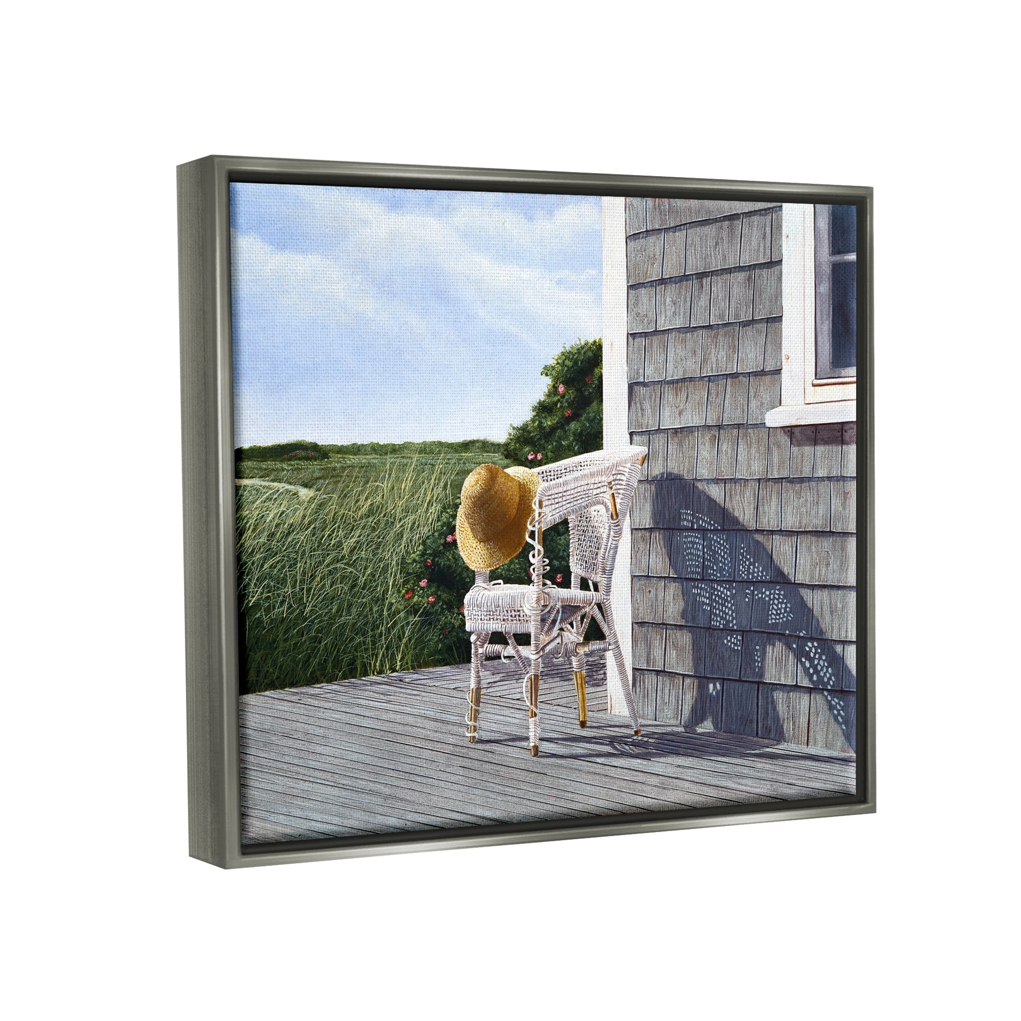Stupell Industries Seaside Porch Landscape Rural Grassland Hills Painting Luster Gray Floating Framed Canvas Print Wall Art, Design by Tom Mielko