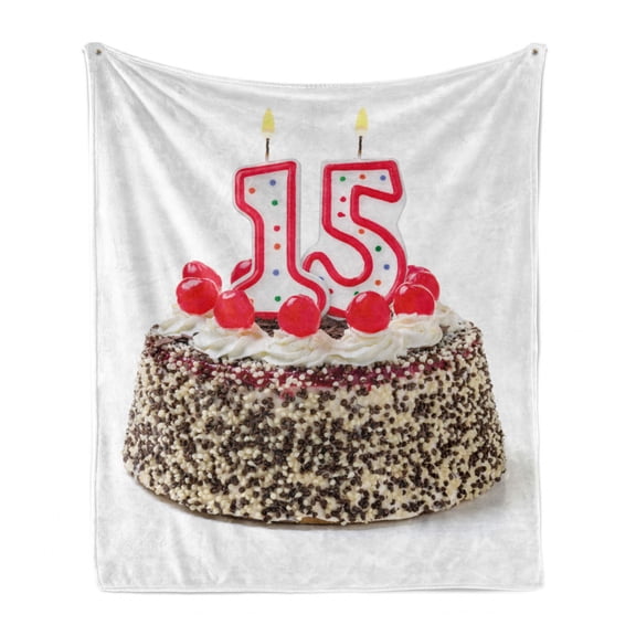 15th Birthday Soft Flannel Fleece Throw Blanket, Chocolate Cherry Tasty Cake with Number Candles Surpise Party Theme Image, Cozy Plush for Indoor and Outdoor Use, 50" x 60", Multicolor, by Ambesonne