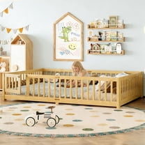 Bellemave Queen Size Floor Bed with Safety Guardrails, Solid Wood Montessori Floor Bed with Slats, Low-Profile Design with Bedroom Door Feature for Modern Spaces,Natural