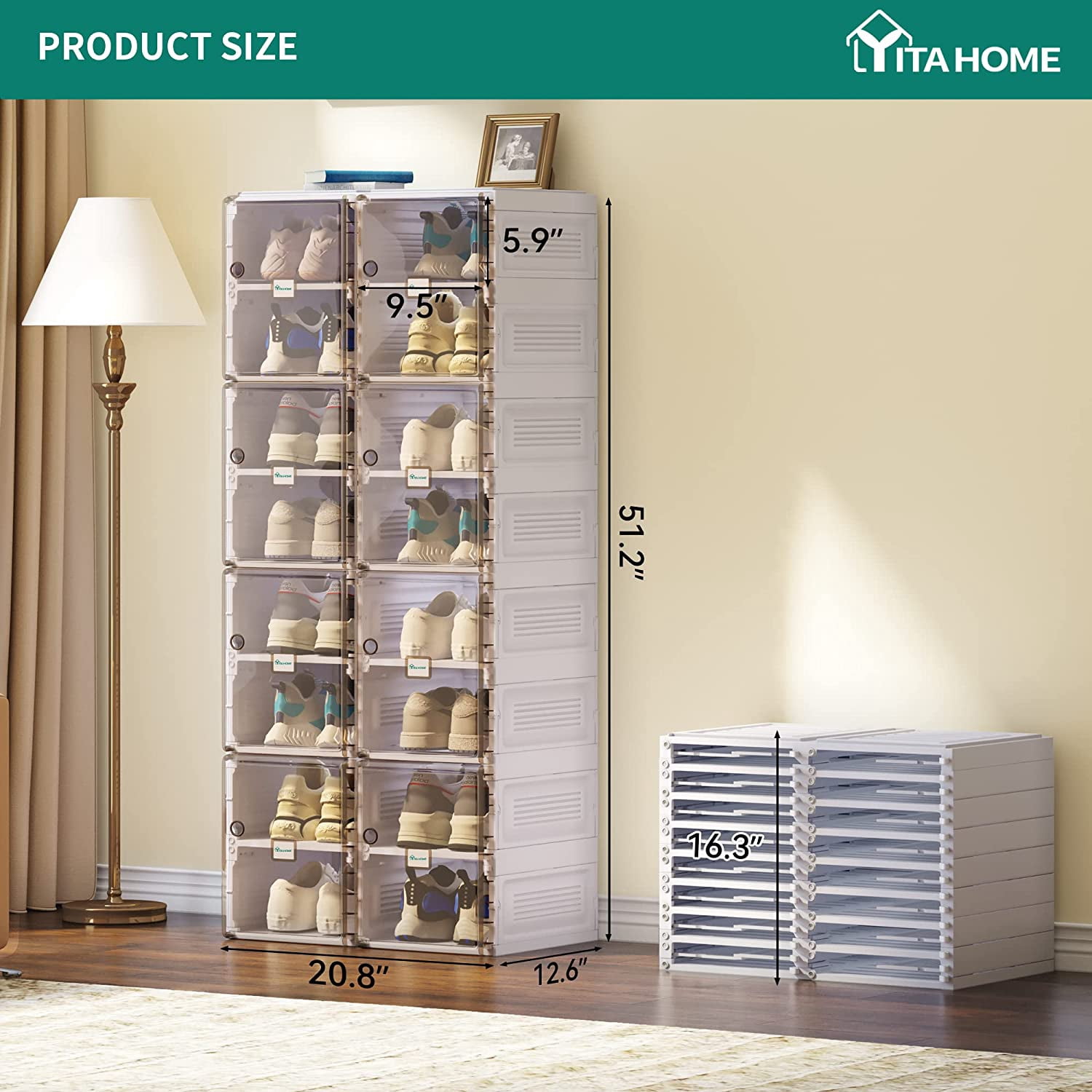 YITAHOME Shoe Storage Organizer, Installation-Free Shoe Box with Transparent Doors, 2-16 Grid Stackable Shoe Cabinet for Hallway, Living Room, Closet (White)