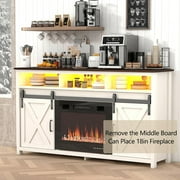 57 Farmhouse Barn Door Coffee Bar Cabinet with LED Light & Outlet & Charging Port, 4-Tier Buffet Cabinet Sideboard Kitchen Storage, White