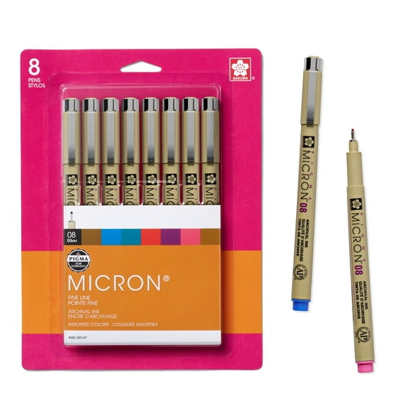 Sakura Pigma Micron Fineliner Pens - Archival Black and Colored Ink Pens - Pens for Writing, Drawing, or Journaling - Black and Assorted Colored Ink - 08 Nib Size - Fine Line - 8 Pack