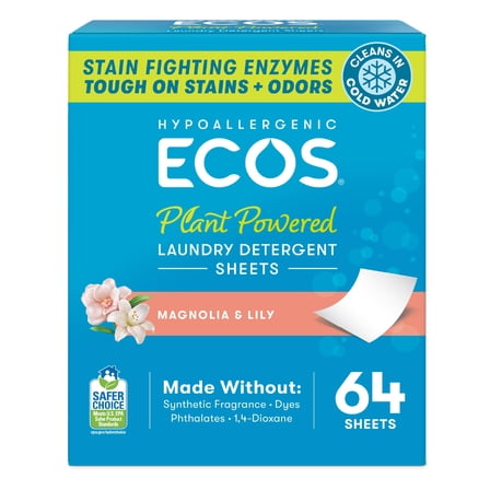 ECOS Laundry Detergent Sheets Vegan, No Plastic Jug, No Mess, Liquid Free - Hypoallergenic, Plant Powered Laundry Detergent Sheet - Magnolia & Lily - 64 Count (Pack of 1)