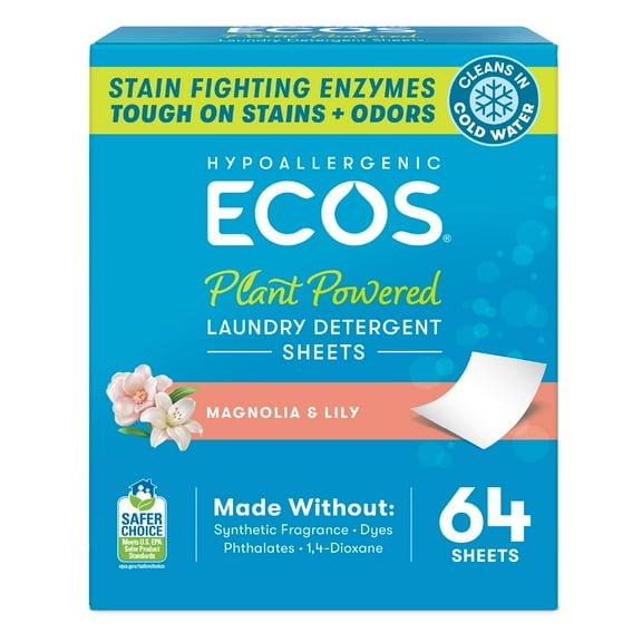 ECOS Laundry Detergent Sheets Vegan, No Plastic Jug, No Mess, Liquid Free - Hypoallergenic, Plant Powered Laundry Detergent Sheet - Magnolia & Lily - 64 Count (Pack of 1)