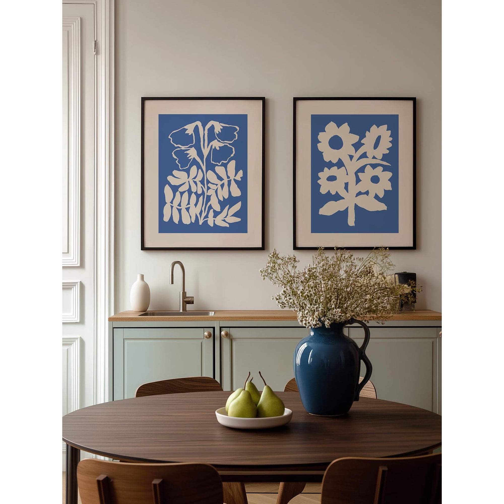 Botanical Silhouette Blue Cream Floral Wall Art Print Floral Home And Gallery Wall Decor