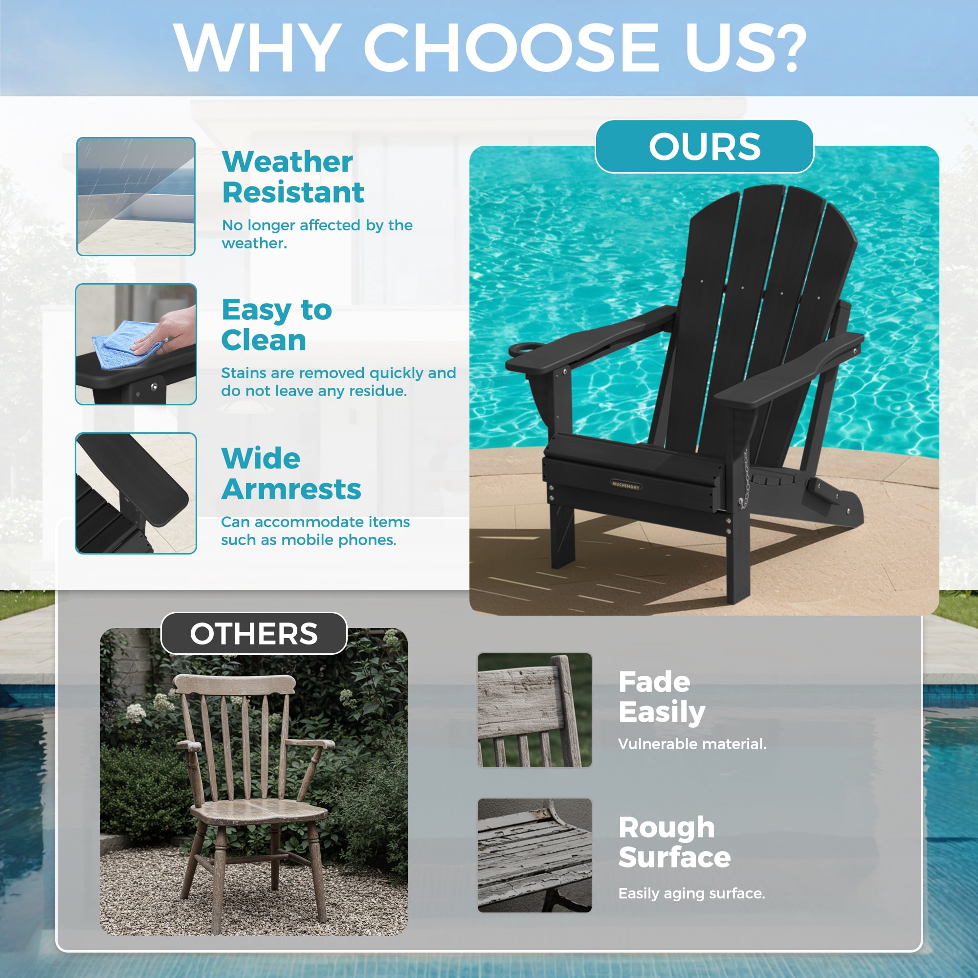 Folding Adirondack Chair Outdoor Patio Fire Pit Chairs with Cup Holder Porch Garden Black