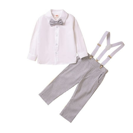 

QYZEU Outfits for Baby Boys Bow Tie Outfit Toddler Boys Long Sleeve Blue Shirt Tops Pants With Striped Tie Child Kids Gentleman Outfits