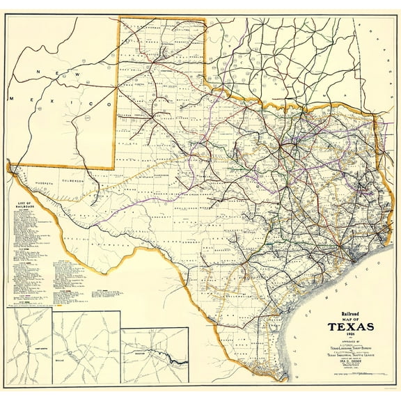 Railroad Map - Texas Railroads - Dodge 1926 - 23 x 24.11 - Vintage Wall Art
