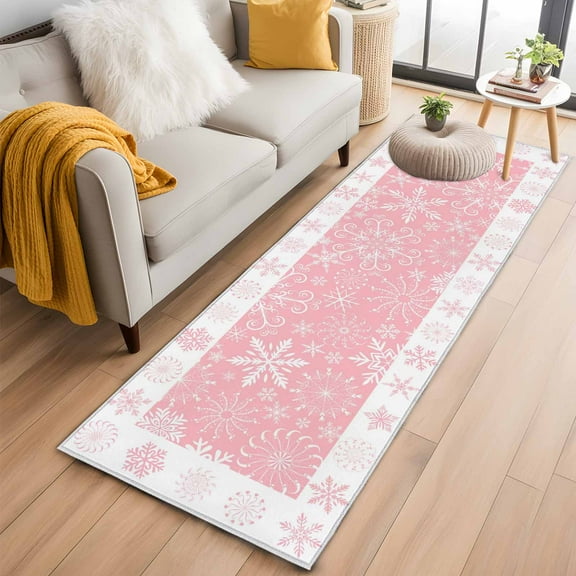 Snowflakes Christmas Kitchen Runner Rug 2x6 Washable Runners for Hallway Non Slip Pink Xmas Winter Vintage Large Area Rug Indoor Floor Carpet for Bathroom Laundry Entryway Bedroom Living Room