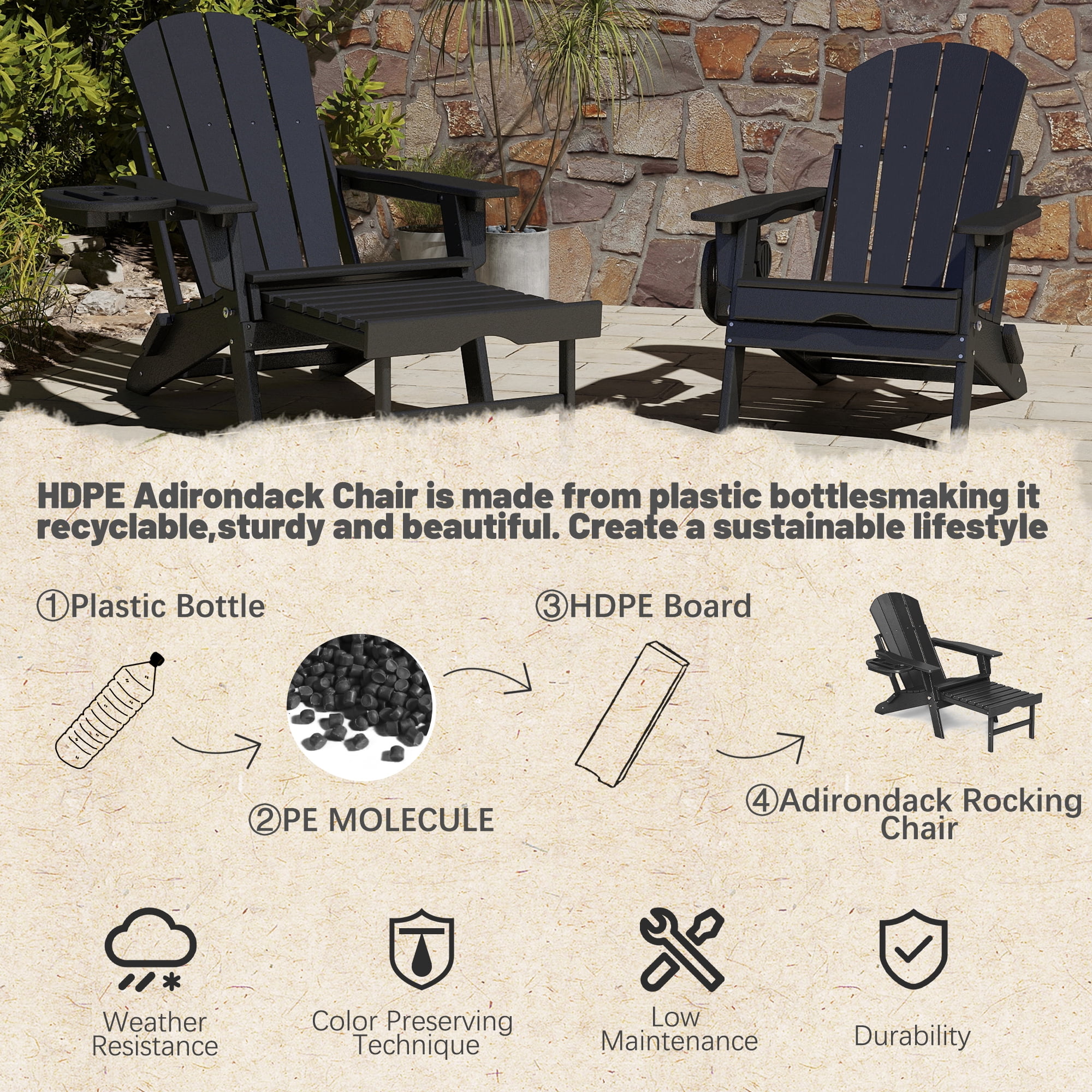 Folding Adirondack Chair with Retractable Ottoman, HDPE All-Weather Resistant Adjustable Backrest Adirondack Chair w/4 in 1 Cup Holder Trays, Black