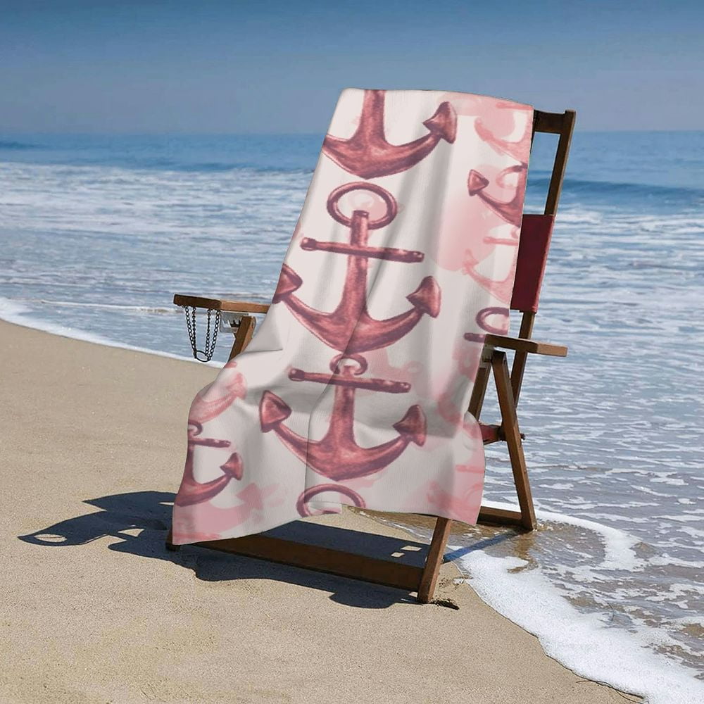 Nautical Coral Glitter Anchor Pattern Microfiber Sand Free Beach Towel Oversized Quick Dry Absorbent for Pool Swimming Bathroom Beach Towel