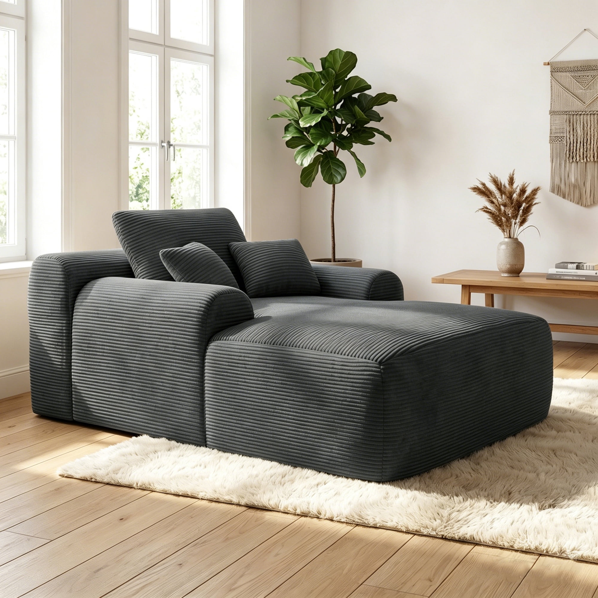 Leumius Oversized Chaise Lounge Chair Indoor, Cozy Boneless Sleeper Sofa Bed with Wide Armrest & Throw Pillows for Living Room,Bedroom,No Assembly Required,Gray(Corduroy)