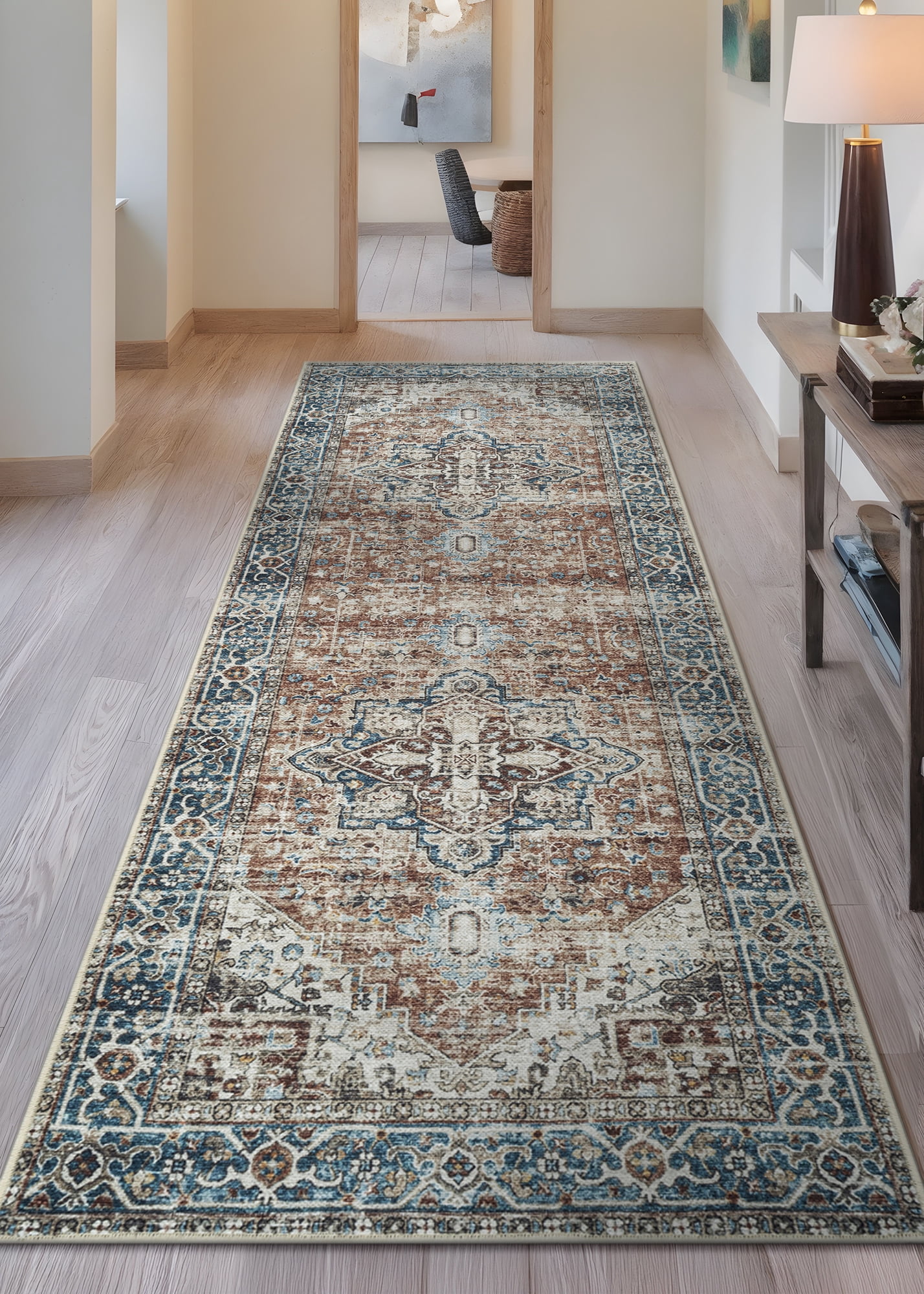 Bloom Rugs Washable Non-Slip 12 ft Runner - Terracotta / Blue Traditional Oriental Runner for Entryway, Hallway, Bathroom, and Kitchen - Exact size: 2'6" x 12'