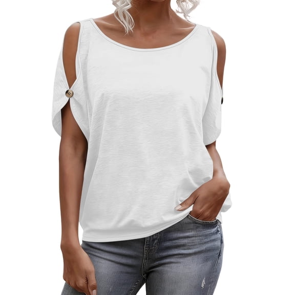 hlysgo Women Cold Shoulder Tops Short Sleeve Scoop Neck Tee Summer Casual Loose Fitting Solid Color Tunic Shirt White,M
