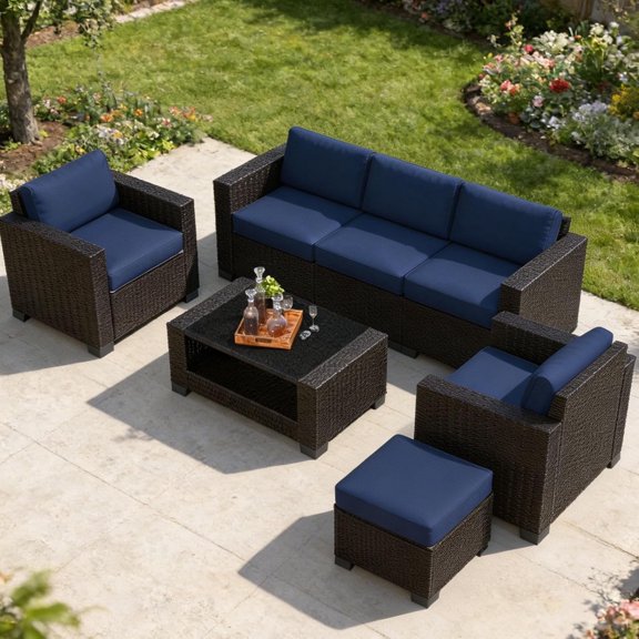 JMGJOY 7 PCS Outdoor Wicker Furniture Set, Sectional Rattan Patio Sofa with Thick Cushions & Glass Top Coffee Table, Modular Seating for Garden Backyard (Dark Brown Rattan & Peacock Blue)