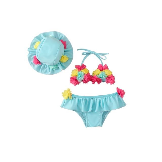 Kmbangi Infant Girls 3Pcs Bathing Suit Flower Halter Neck Swimming Tops + Bottoms + Sun Protection Cap 0-24M