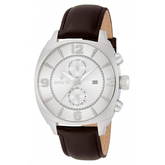 Invicta Men's 12206 Vintage Silver Dial Brown Leather Strap Stainless Steel Auto Multicalendar Watch
