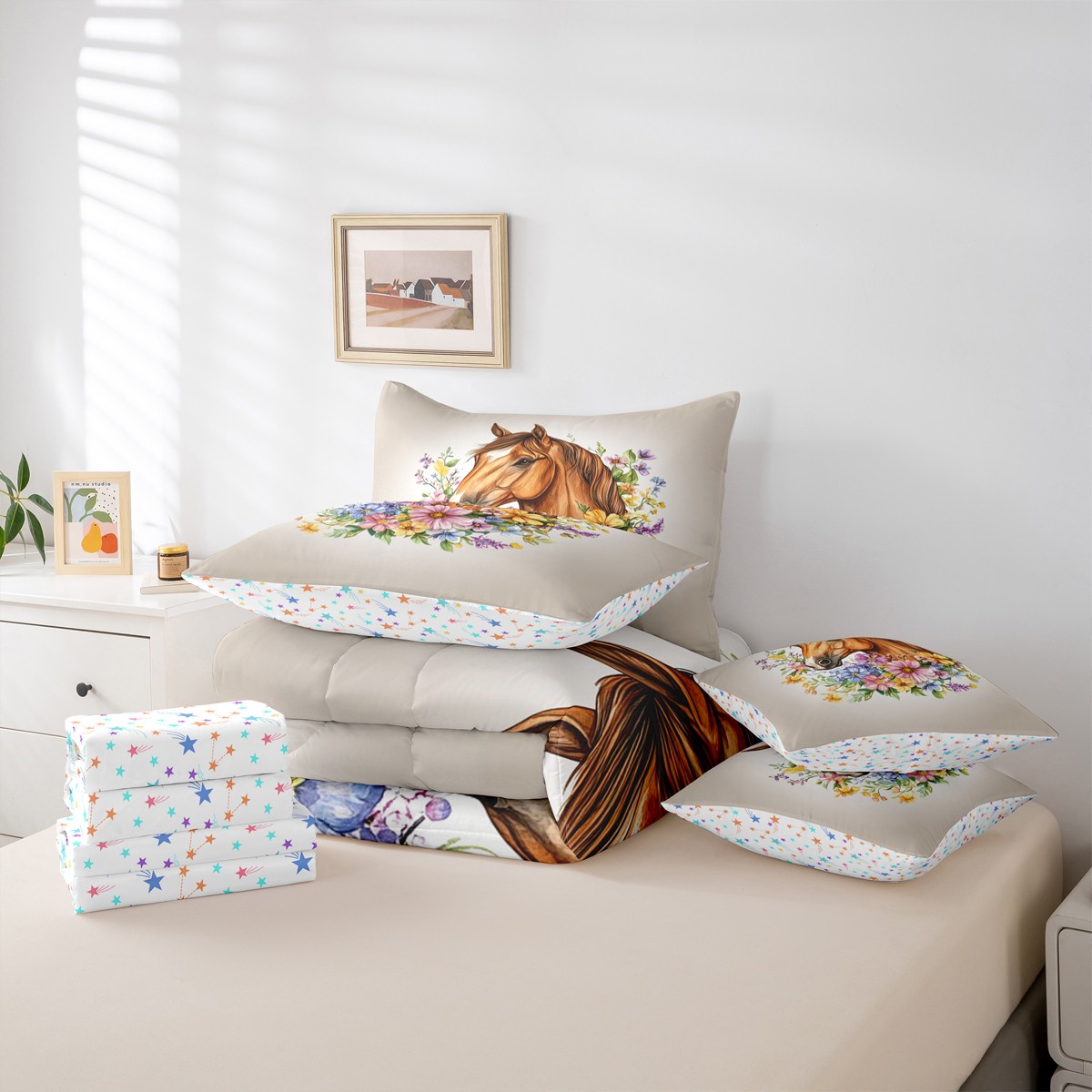 jejeloiu Farm Animal Horse Twin Bedding Sets 7-Piece,Colorful Rustic Flower Bedding Comforter Set,Western Farmhouse Sheet Sets For Teens,Luxury Bedroom Decor Reversible