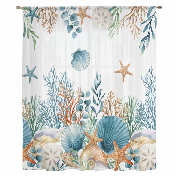 Teal Blue Coastal Sheer Curtains 63 Inches Long, Summer Beach Starfish Shell Coral Nautical Light Filering Curtains, Breathable Simi Curtain Privacy Drapes for Living Room Bedroom Window Treatment