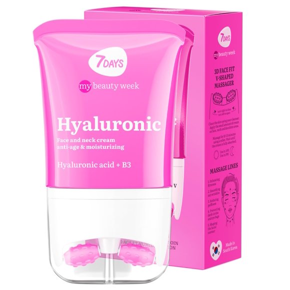 7DAYS Gel Hidratante Facial y de Cuello con Ácido Hialurónico y Rodillo Masajista – Crema Anti‑edad para Tensar y Levantar la Piel, Cuidado de Arrugas y Papada, 80 ml