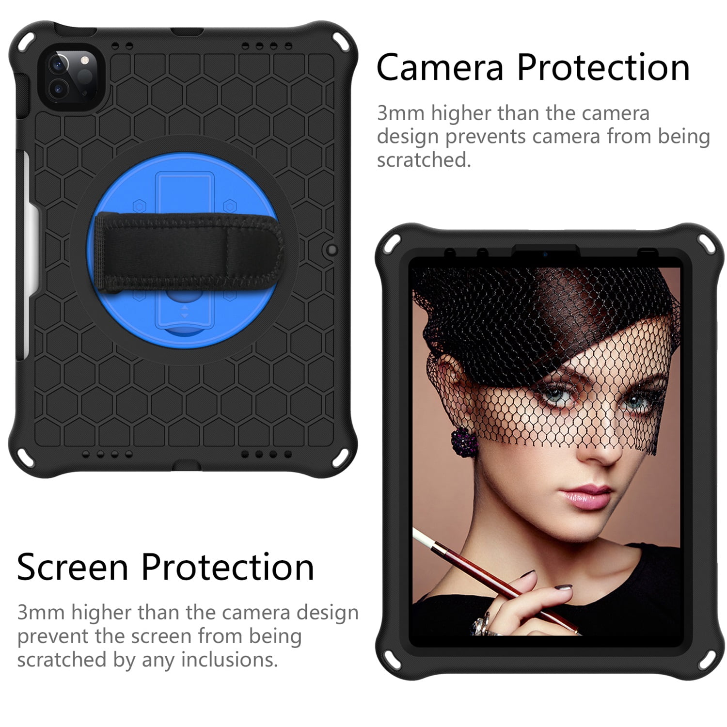 SaniMore for iPad 10th Generation 10.9" 2022 Case with 360° Rotatable Hand Strap, EVA & PC Case with Pencil Holder & Shoulder Strap Multi-Angle Kickstand Shockproof Protective Case, Black+Blue