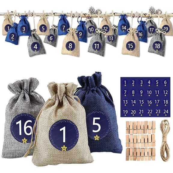 Christmas Advent Calendar Bags 24 Days Countdown Burlap Gift Pouches Festival DIY Candy Fill Sacks for Christmas Home Office Decor