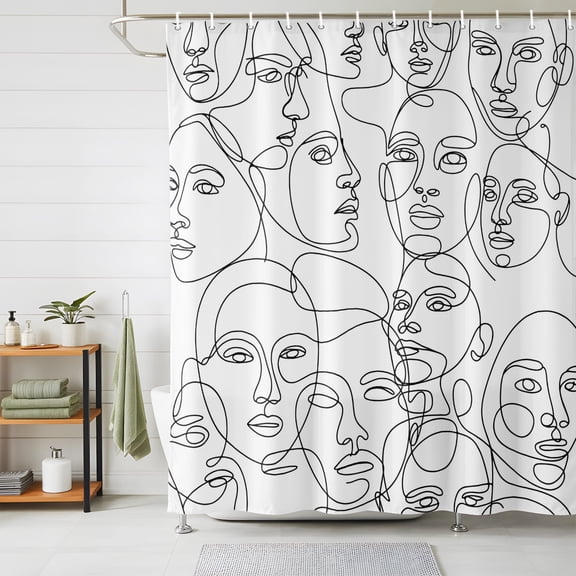 Shower Curtains for Bathroom, Abstract Style Waterproof Fabric Shower Curtain, Face Line Modern Character Art White Decorative Bathroom Curtain for Bathtub, 72"x78", No Hooks Included