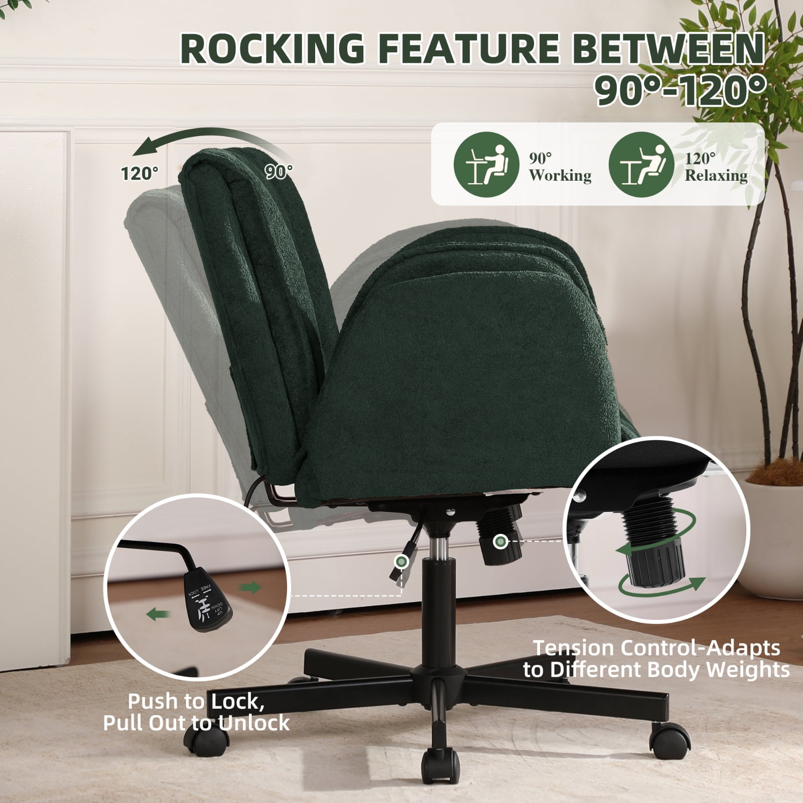 Cross Legged Office Chair with Wheels & Dynamic Airbag Lumbar Support, Criss Cross Wide Seat, 5-Position Fold-Down Armrests, Swivel Vanity Chair for Home Office, Dark Green