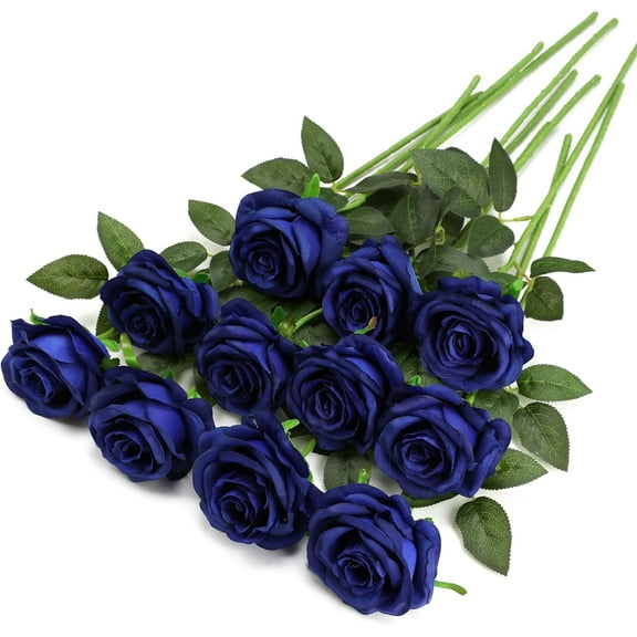 Blue Fake Roses Artificial Flowers - Fake Artificial Roses Silk Flowers with Stems for Home Wedding Hotel Office Centerpiece Decor（Navy Blue）