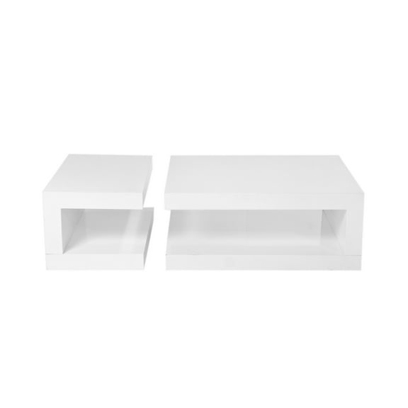 Benjara Jack 2 Piece Coffee Table Set- 2 Tiers- Tempered Glass- White Lacquer
