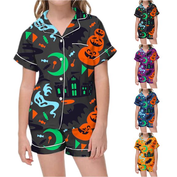 Weebloom Halloween Toddler Girls' Pajama Sets Cute Pumpkin Pajamas Set Soft Printed Kids Short Sleeve Button Down Shirt And Shorts Sleepwear Nightwear Pjs Loungewear Dark Gray 4-5 Years