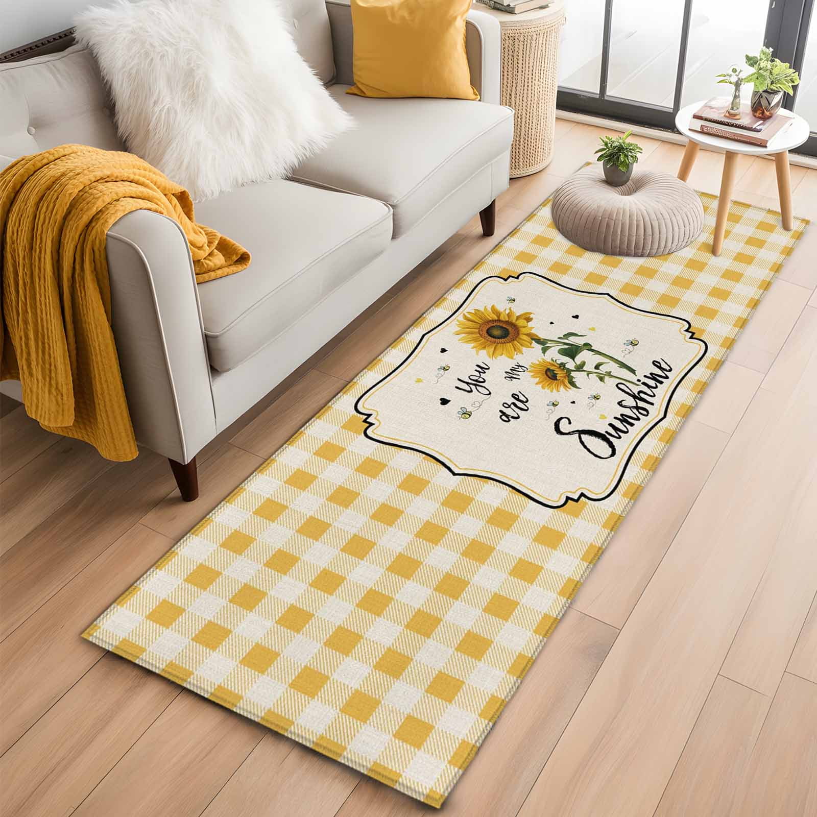 Rectangle Area Rug 2x6ft Country Sunflower and Bee Non-Slip Non-Shedding Floor Mat Buffalo Yellow Checkered My Sunshine Floral Washable Sturdy Carpet for Living Room Bedroom Home Decor