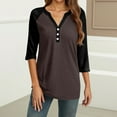 thumbnail image 4 of WTOBBY Women's Colorblock V-Neck Raglan Sleeve T-Shirt with 3/4 Sleeve, Casual Button Detail Top for Fall Season, Comfortable Fashion Apparel,Coffee L, 4 of 4
