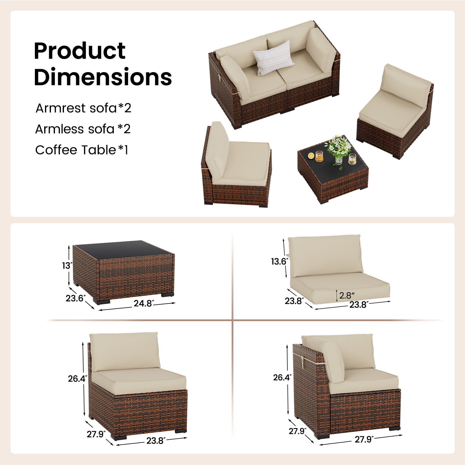 MRUAKA 5 Pieces Patio Conversation Set, Outdoor Sectional PE Rattan Wicker Furniture Seat,Beige