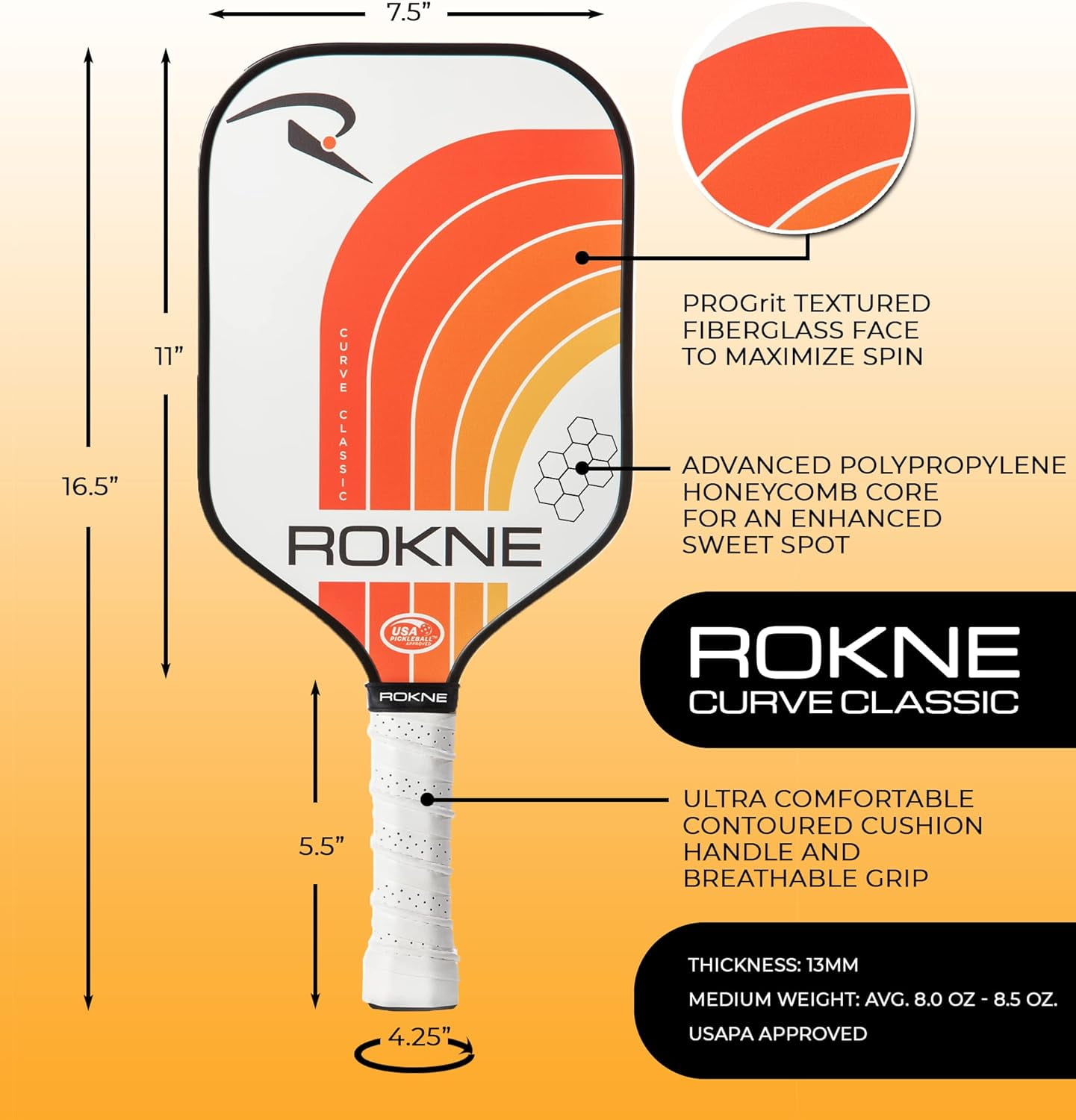 Rokne Curve Classic Fiberglass Pickleball Paddle Long Handle Racket with Pro Grit Texture, Tangerine