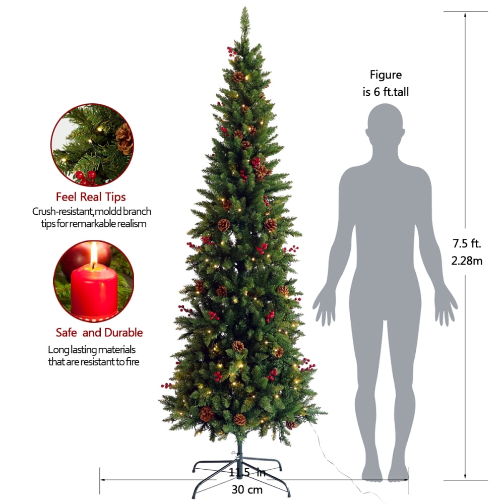 Artificial Slim Christmas Tree Pre Lit Pencil Feel Real Skinny Fir Tree With Cones And Berries 7 5ft Foldable Metal Stand Walmart Com Walmart Com
