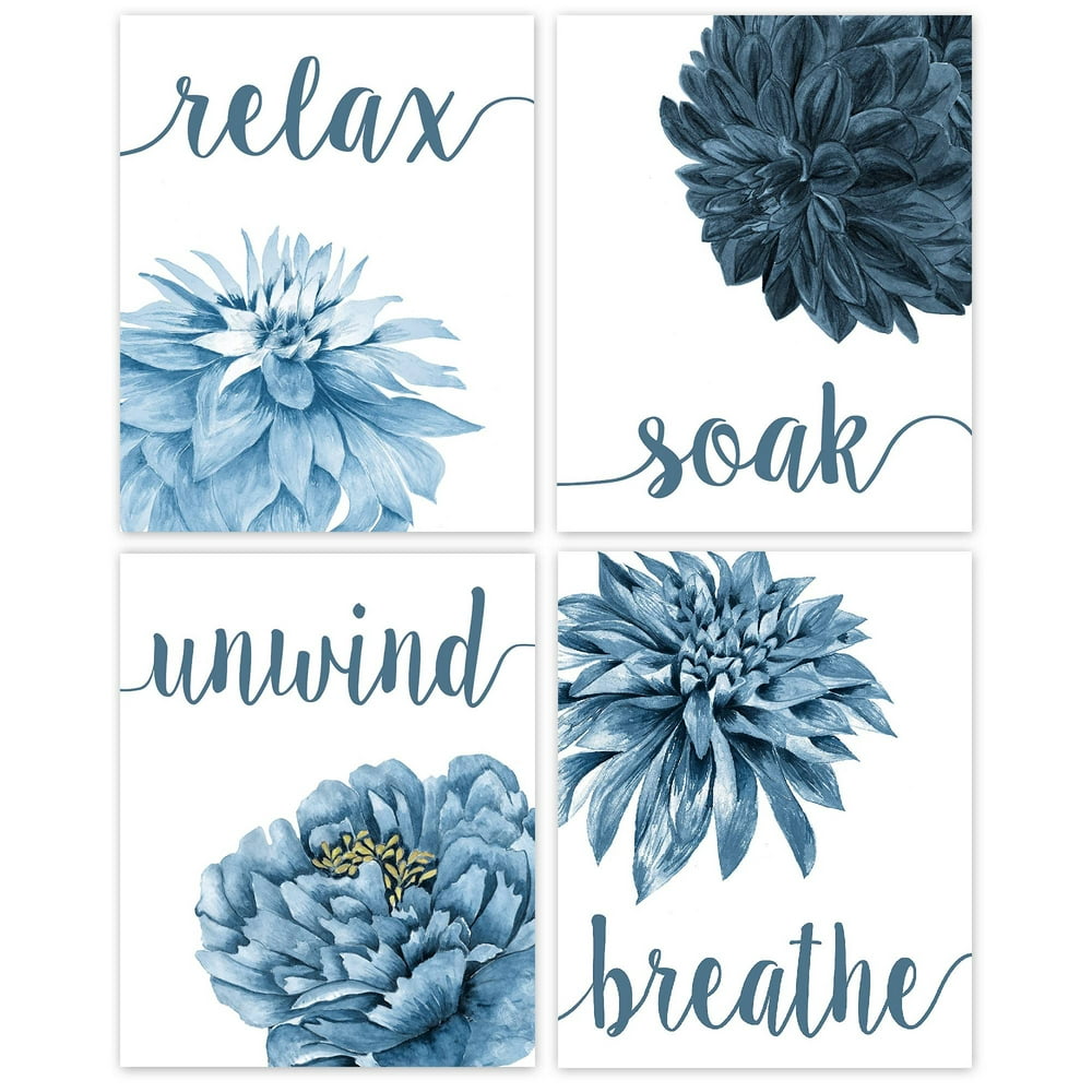 Relax, Soak, Unwind, Breathe Navy Blue Bathroom Decor Flower Wall Art