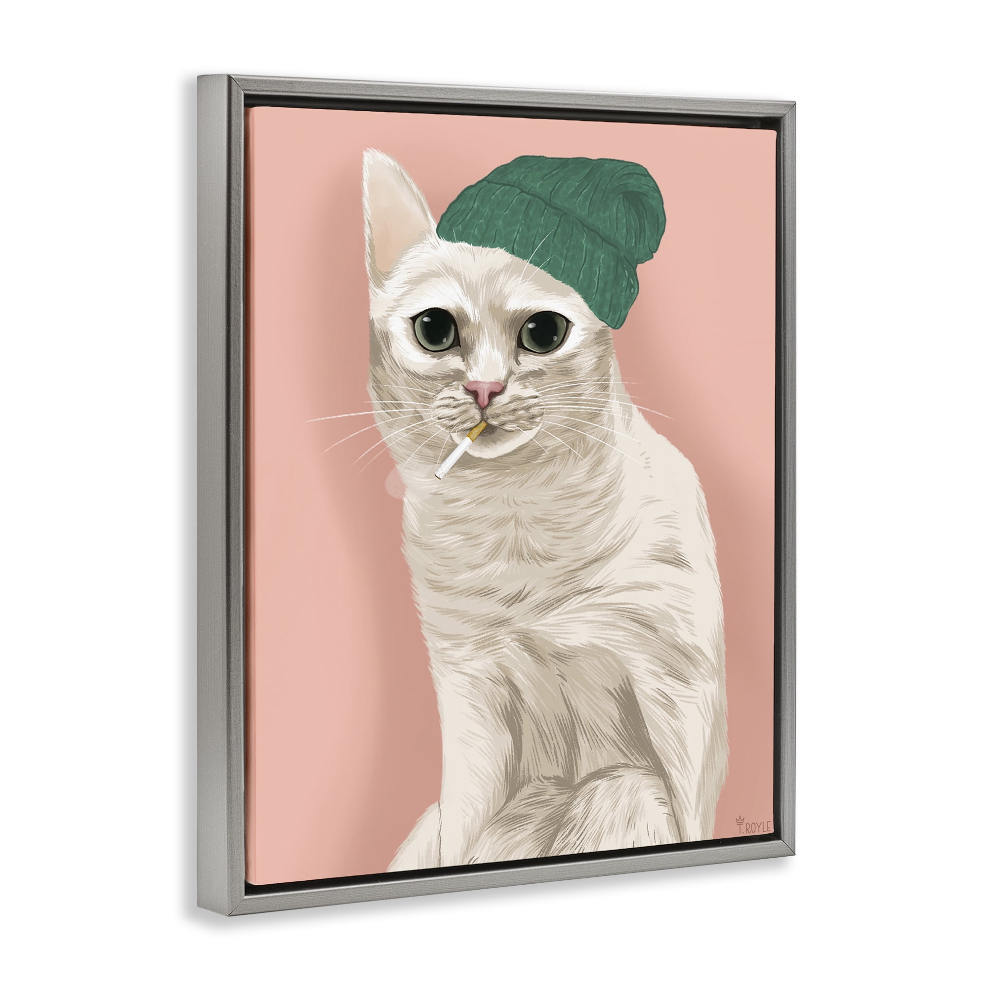 Stupell Industries Hipster Cat with Beanie Animals Painting Gray Floater Framed Canvas Art Print Wall Art, 25 x 31